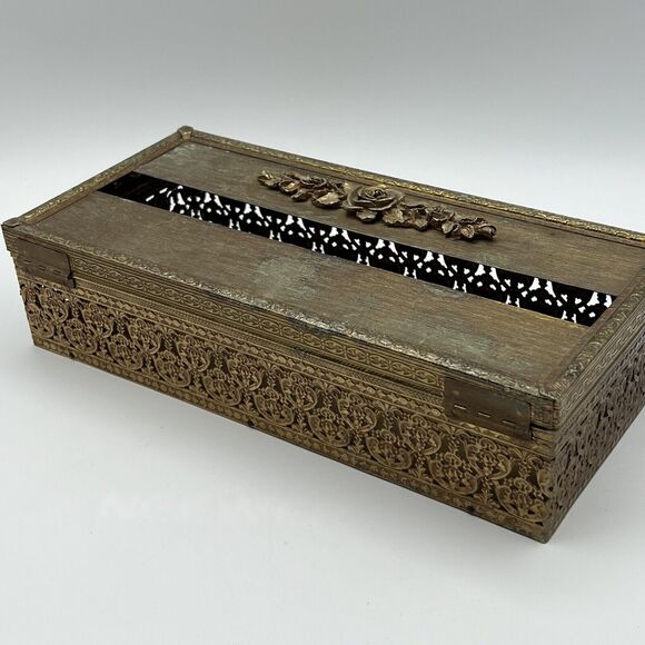 Vtg Metal Gold Brass ROSE Tissue Box Cover Holder HOLLYWOOD REGENCY MCM Glam - Picture 7 of 7